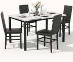 Dining Table Set for 4, 5-Piece Faux Marble Dining Set,4 Upholstered PU Chairs, Modern Kitchen Table Furniture for Dining Room,Compact Space-Saving Faux Marble Tabletop (White + Black)