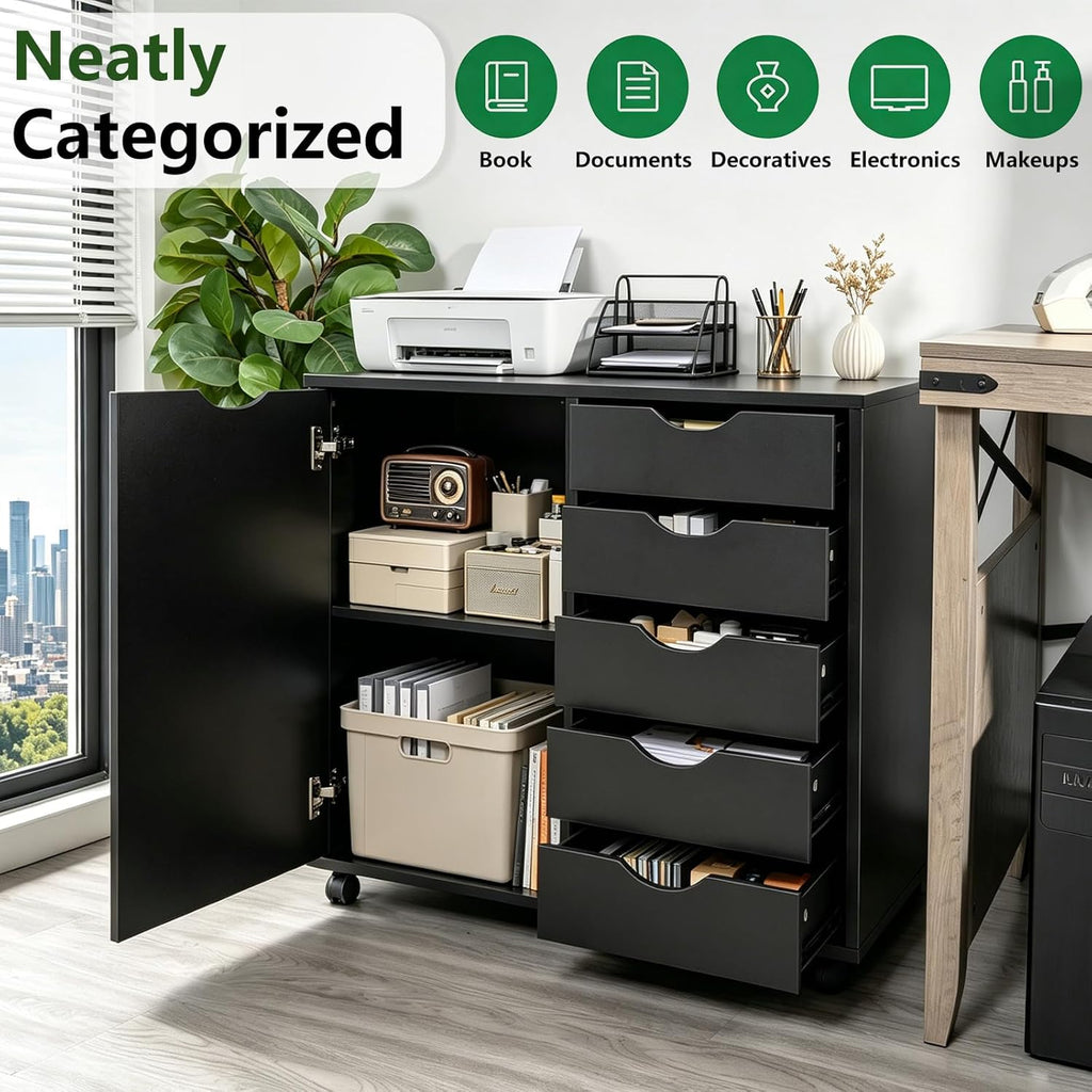 5 Drawer Wood Storage cabinets, Chest of Drawers for Home Office, Printer Stand with Adjustable Shelf (Black)
