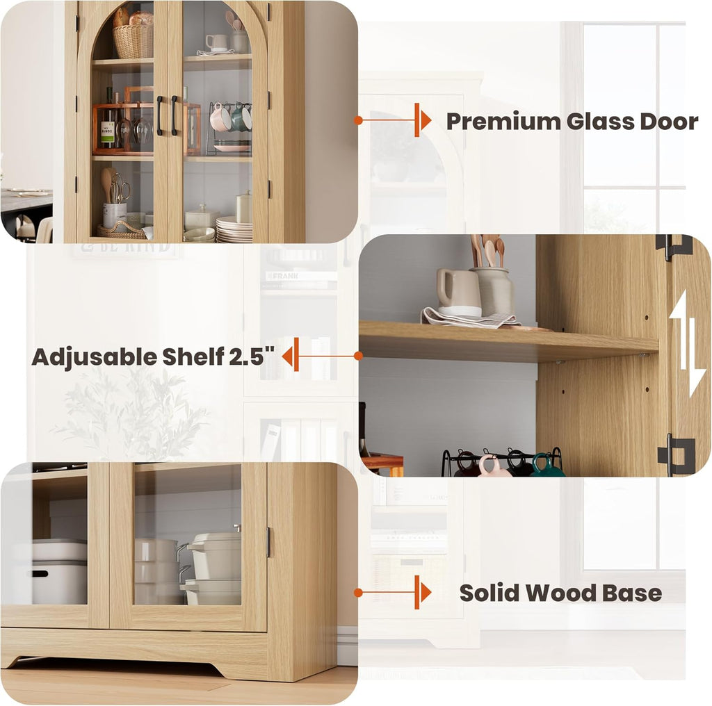 GarveeHome Kitchen Pantry Cabinet - 70" Tall Storage Cabinet with 4 Arched Glass Doors and Adjustable Shelves, Cupboard Organizers for Kitchen, Dining Room, Bathroom, Natural
