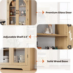 GarveeHome Kitchen Pantry Cabinet - 70" Tall Storage Cabinet with 4 Arched Glass Doors and Adjustable Shelves, Cupboard Organizers for Kitchen, Dining Room, Bathroom, Natural