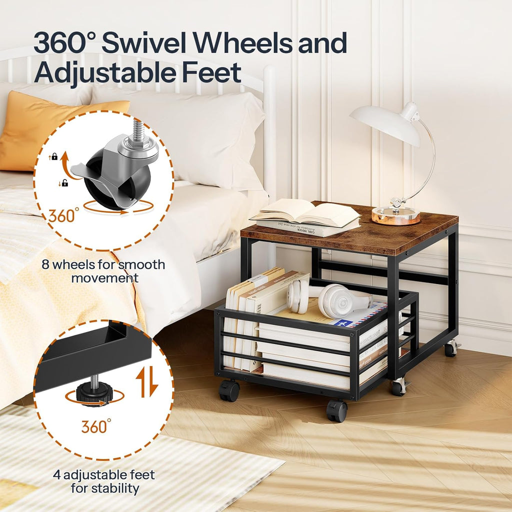 HOOBRO End Table, Mini Fridge Stand with Storage, Mini Fridge Table with Wheels and Adjustable Feet, Sturdy Metal Frame, for Living Room, Bedroom, Office, Rustic Brown and Black BF155TL01