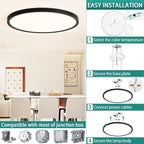 20 Inch Dimmable LED Ceiling Light Fixture, Ultra Thin Flush Mount, 40W 4000Lumen, 3 Color Changeable, Round, Black, for Dining Room, Kitchen, Bedroom, Office, Hotel