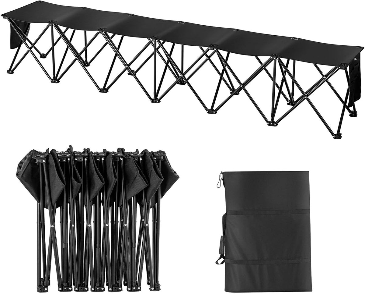 6-Seat Foldable Sports Bench with Side Pockets, Carrying Bag, 600D OxFor Ford Fabric Black for Outdoor Events