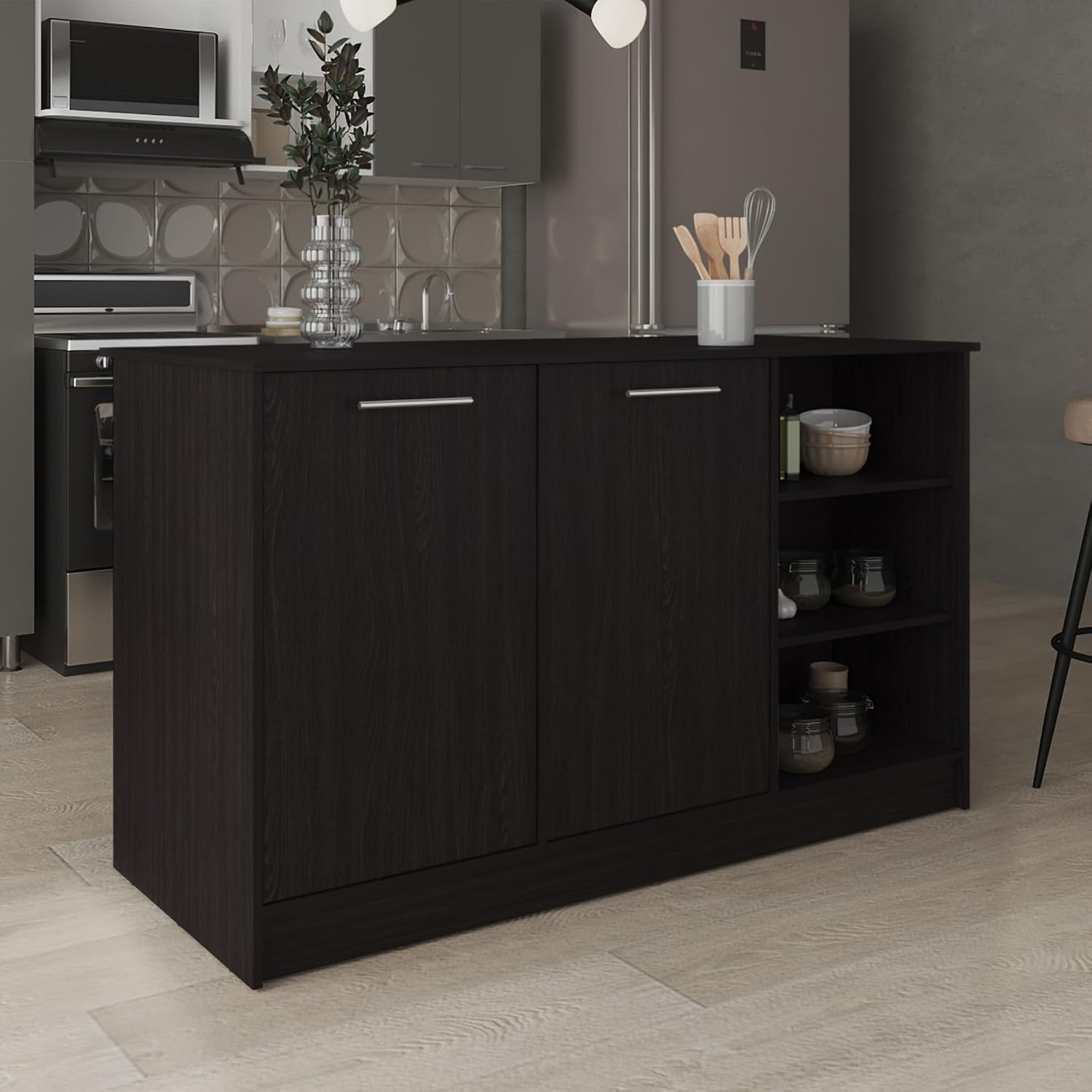 Kitchen Island with Three Open Shelves and Two Cabinets | Spacious 26" x 59" countertop with concealed storage and seating space
