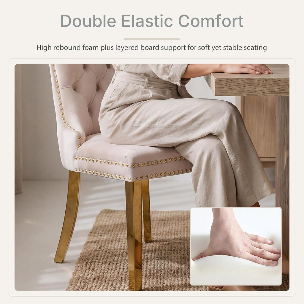 Beige Velvet Dining Chairs Set of 6, Fabric Upholstered Kitchen & Dining Room Chair, Tufted Mid Century Modern Dinning Room Chairs, High Back, Gold Metal Legs, Sillas de Comedor