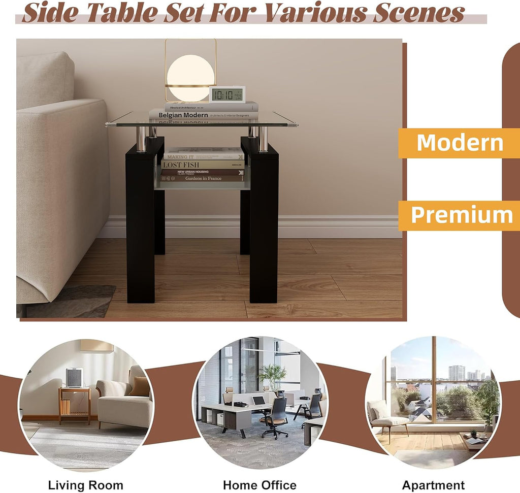 2-Tier End Table with Tempered Glass Top and MDF Frame, Modern Black Square Side Table with Storage Shelf for Living Room, Bedroom, Apartment, Easy to Assemble