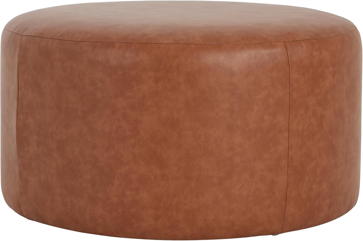 Merax 30.25" Modern Upholstered Round PU Leather Ottoman, Multifunctional Extra Seat, Side Table, Foot Rest, Stuffed Pouf Footstool for Living Room Bedroom, Cognac Brown