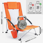 Huskfirm Low Beach Chairs 2 Pack, Aluminum Folding Beach Chair for Adults, Lightweight Backpack Beach Chairs with Cup Holder & Carry Bag, Heavy Duty Beach Chair Set for Beach, Camping, Concert, Orange