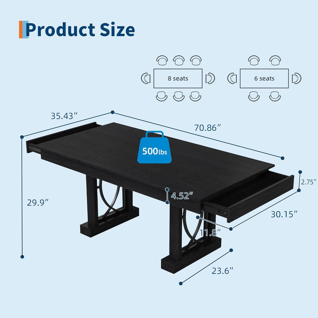 Garvee 71-Inch Dining Table for 6-8 with 2 Drawers, Large Wooden Kitchen Table w/Large Tabletop & Sturdy Frame, Rectangular Dining Table with Double Pedestal, for Kitchen, Office