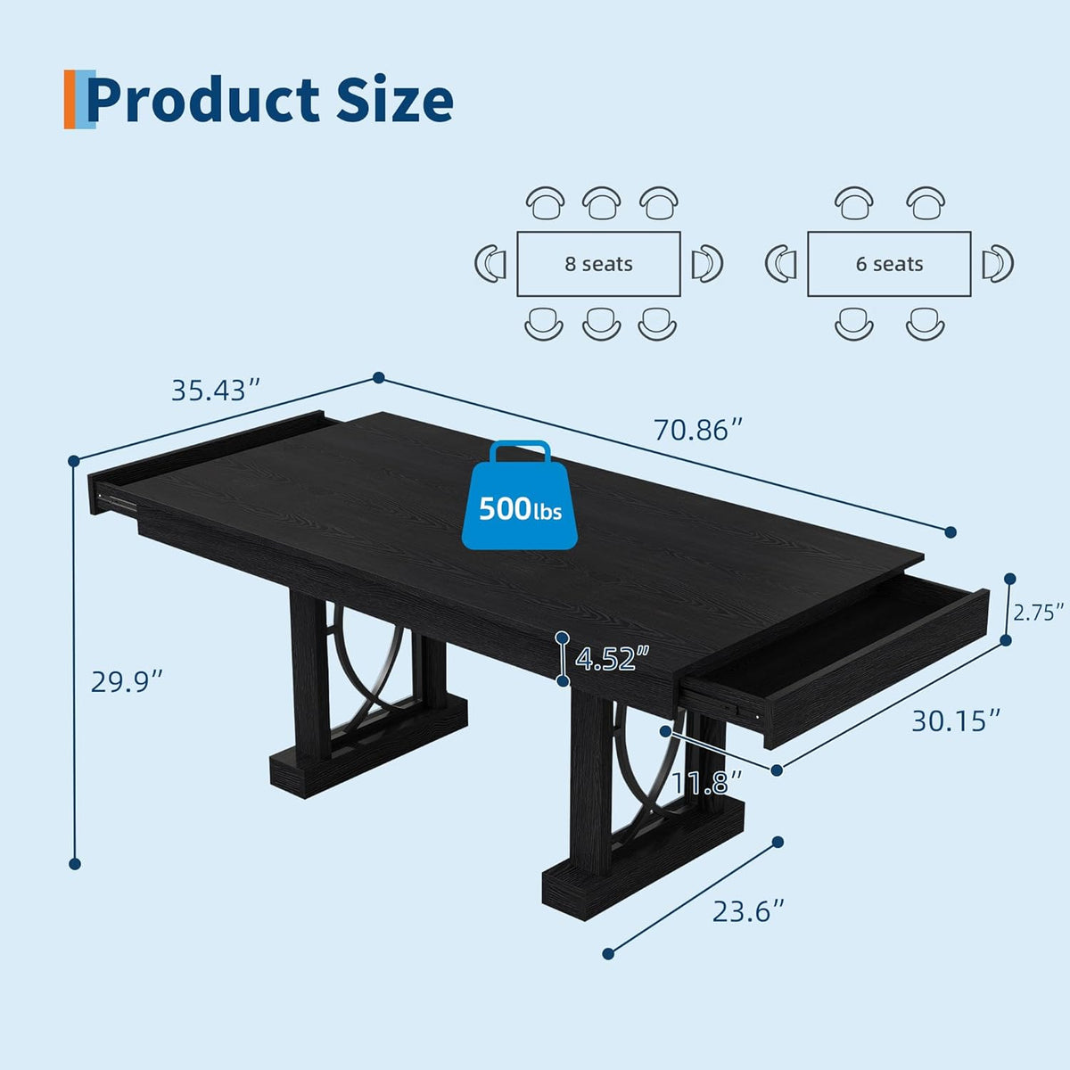 Garvee 71-Inch Dining Table for 6-8 with 2 Drawers, Large Wooden Kitchen Table w/Large Tabletop & Sturdy Frame, Rectangular Dining Table with Double Pedestal, for Kitchen, Office