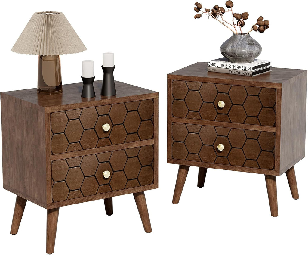HOMPUS Wood Nightstand Set of 2, Modern Nightstand with Drawers Set 2 w Honeycomb Pattern, Small 2 Drawer Dresser, Bedside End Table with Solid Wood Legs for Bedroom, Dorm, Brown