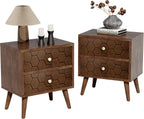 HOMPUS Wood Nightstand Set of 2, Modern Nightstand with Drawers Set 2 w Honeycomb Pattern, Small 2 Drawer Dresser, Bedside End Table with Solid Wood Legs for Bedroom, Dorm, Brown