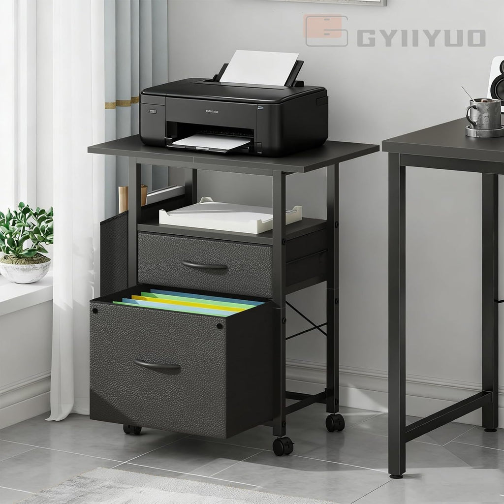 Simple Deluxe 2 Drawer File Cabinet with 24" Extended Desktop, Mobile Filing Cabinet, Rolling File Cabinet with Side Bag, Fabric Drawer, Fits A4/Letter Size, Printer Stand Home Office, Black
