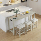 COSTWAY 4-Piece Breakfast Nook Bar Set with Built-in Charging Station | Counter Height Table with 3 Stools, Farmhouse Dining Room Table & Chairs with Wooden Frame & Cushioned Seat for Kitchen, Gray