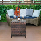 VINGLI Outdoor Wicker Side Table Patio Side Tables for Outside, Tempered Glass Top Wicker Table with Storage End Table for Balcony Porch Deck (Brown)