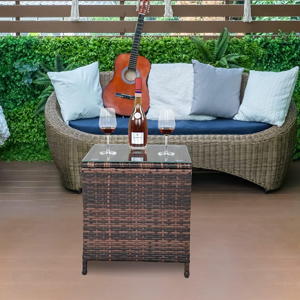 VINGLI Outdoor Wicker Side Table Patio Side Tables for Outside, Tempered Glass Top Wicker Table with Storage End Table for Balcony Porch Deck (Brown)