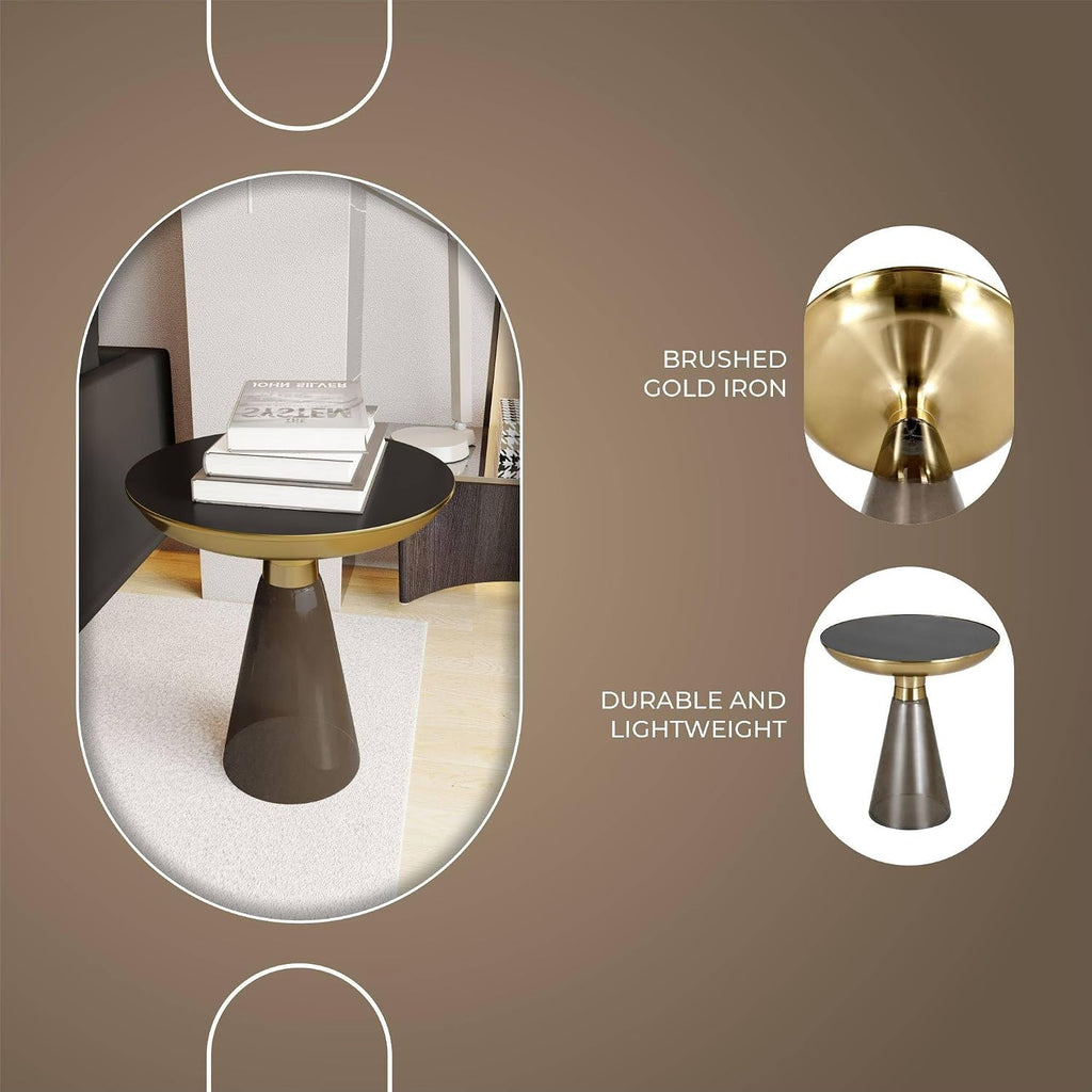 LeisureMod Side Table, Mid-Century Modern Accent End Table with Round Tempered Glass Top & Brushed Gold Iron Pedestal Base, for Small Spaces, Living Room, Coffee, Bedroom, Hyalus Collection in Smoke