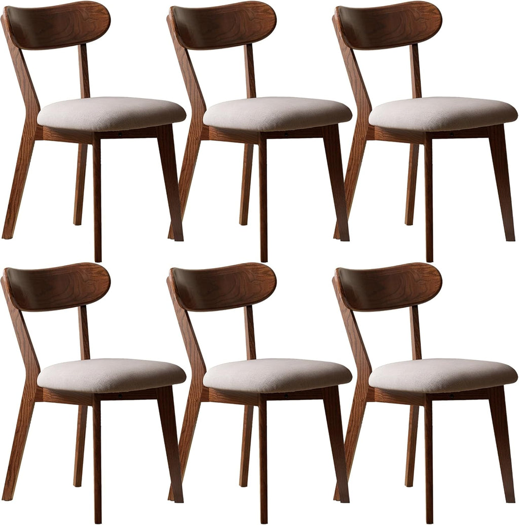 Modern Solid Wood Dining Chair Set of 6, Kitchen Dining Room Chair with Upholstered Cushion and Seat Cover, Curved Backrest, 100% FAS Grade North America Oak Wood, Walnut