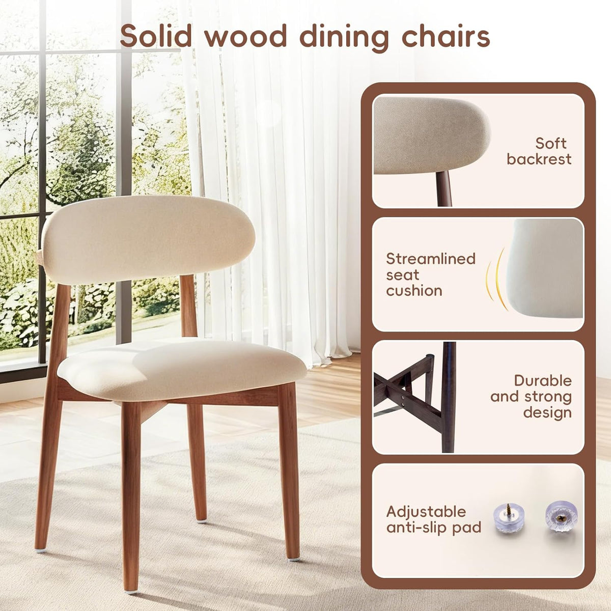 Wood Dining Chairs Set of 2, Modern Kitchen Chair, Upholstered Dining Chair with Ergonomic Backrest and Non-Slip Foot Pads, Farmhouse Dining Chairs Very Strong (Beige)