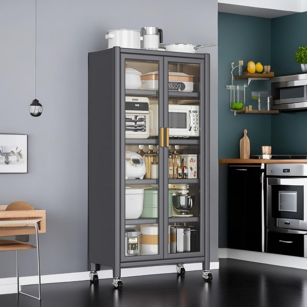 Kitchen Pantry Metal Kitchen Shelving Floor-to-Ceiling Multilevel Household Microwave Bowls Storage Cabinet on Wheels for Kitchen, Living Room, Dining Room, Grey