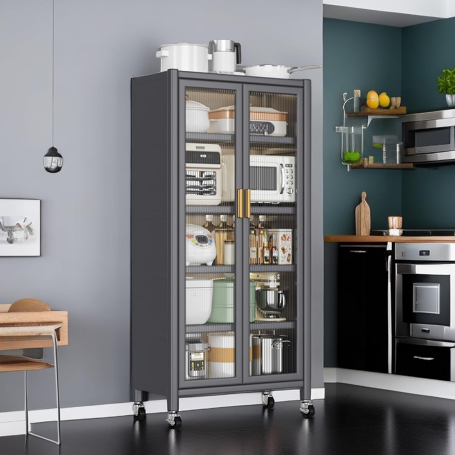 Kitchen Pantry Metal Kitchen Shelving Floor-to-Ceiling Multilevel Household Microwave Bowls Storage Cabinet on Wheels for Kitchen, Living Room, Dining Room, Grey