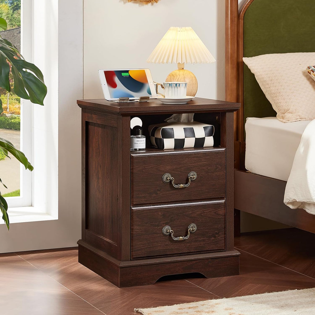 Farmhouse Night Stand with Charging Station, Walnut | 2 Drawers End Tables Bedroom, Bedside Table with Rustic Handles & Floor-Standing Thickened Foot & Open Shelf