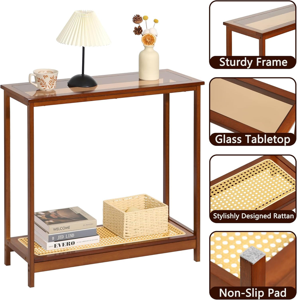 Bamboo Narrow Console Table, 31.5"(L) Wood Small Entryway Table with Rattan and Glass, Accent Slim Hallway Tables, Thin Sofa Side Tables for Hallway, Living Room, Bedroom, Foyer, Walnut