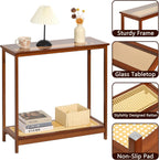 Bamboo Narrow Console Table, 31.5"(L) Wood Small Entryway Table with Rattan and Glass, Accent Slim Hallway Tables, Thin Sofa Side Tables for Hallway, Living Room, Bedroom, Foyer, Walnut