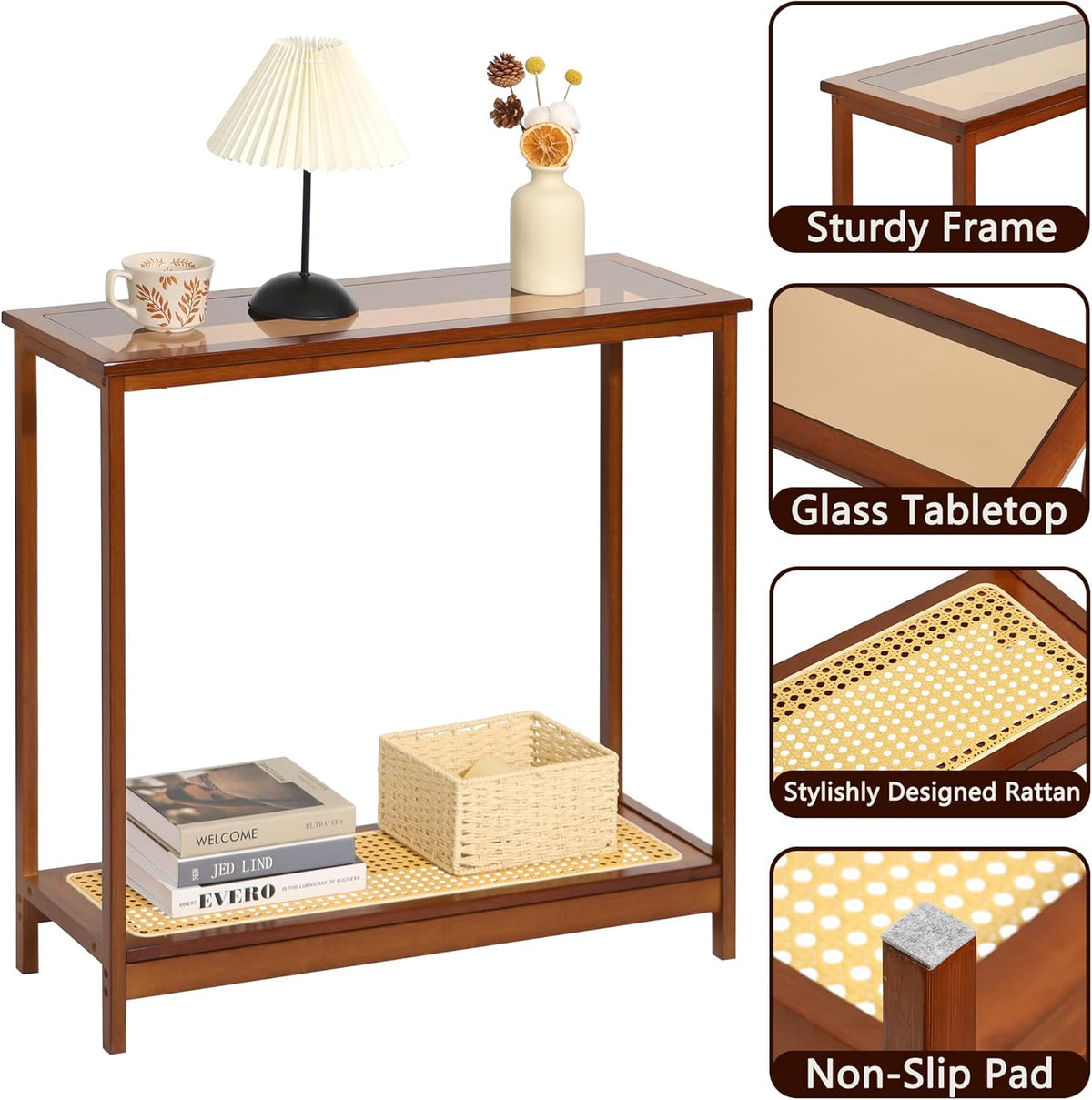 Bamboo Narrow Console Table, 31.5"(L) Wood Small Entryway Table with Rattan and Glass, Accent Slim Hallway Tables, Thin Sofa Side Tables for Hallway, Living Room, Bedroom, Foyer, Walnut