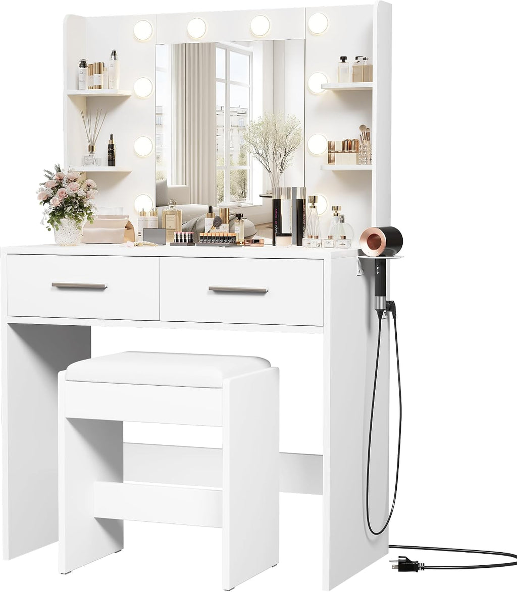 Furmax Makeup Vanity Desk with Mirror and Power Outlet, White | 3 Color Light Options Adjustable Brightness, 2 Drawers, 6 Storage Shelves, with Bench