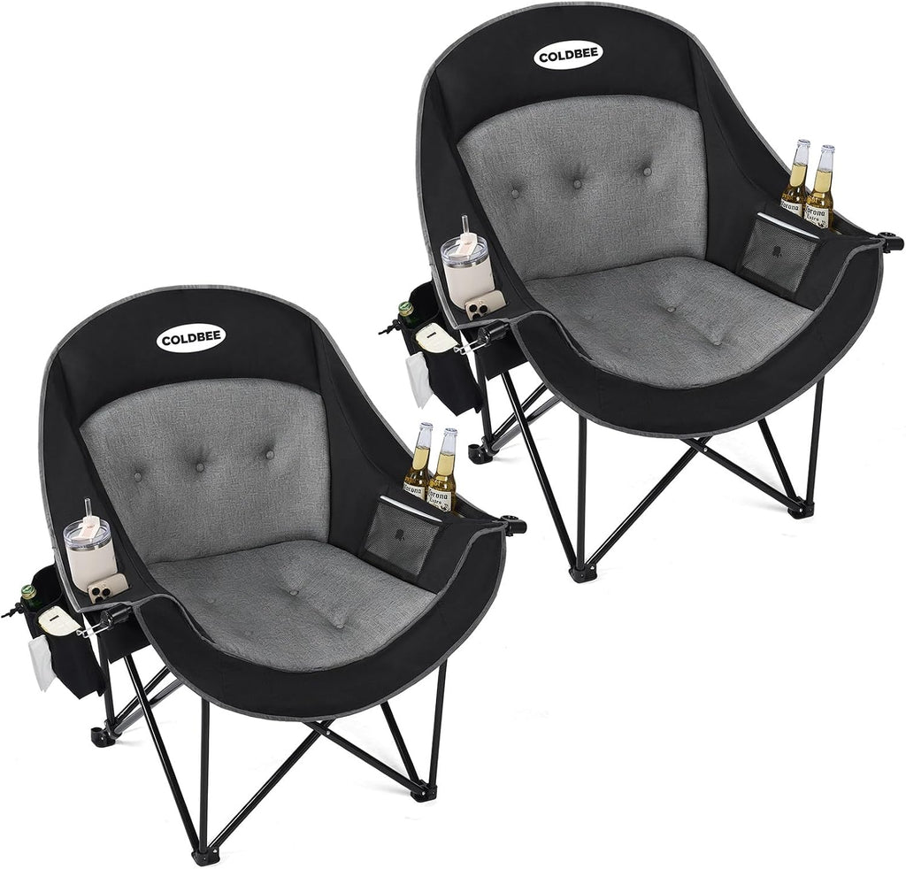2PCS Oversized Camping Chairs, Heavy Duty Padded, Thick Headrest, Black
