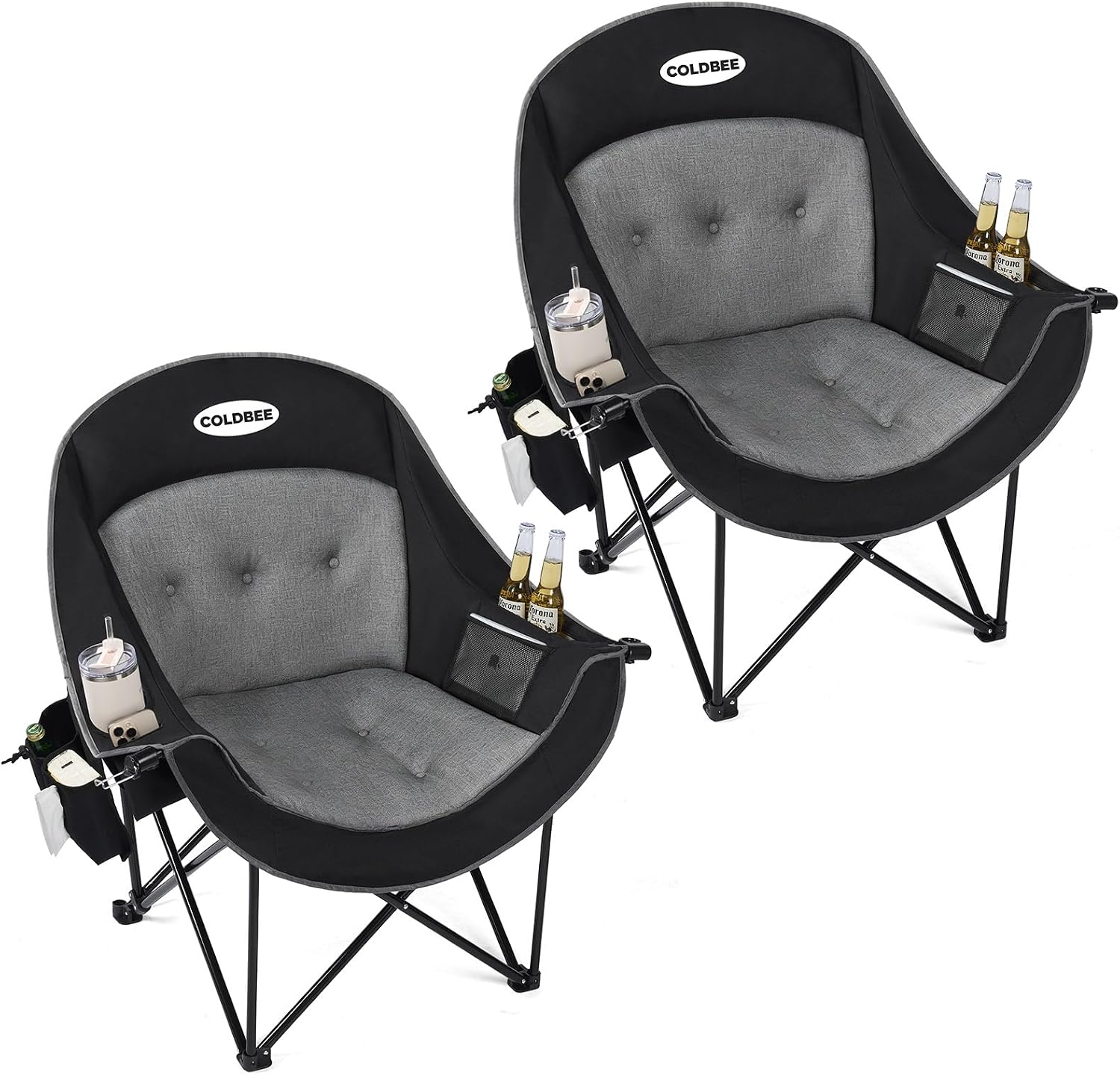 2PCS Oversized Camping Chairs, Heavy Duty Padded, Thick Headrest, Black