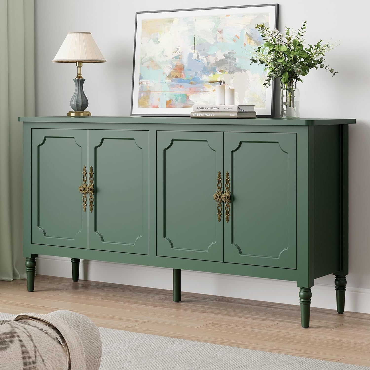 FansaFurn 58" Large Sideboard Buffet Cabinet with 4 Doors, Modern Credenza Buffet Table for Coffee Bar, Storage Cabinet for Dining Room Living Room, Green
