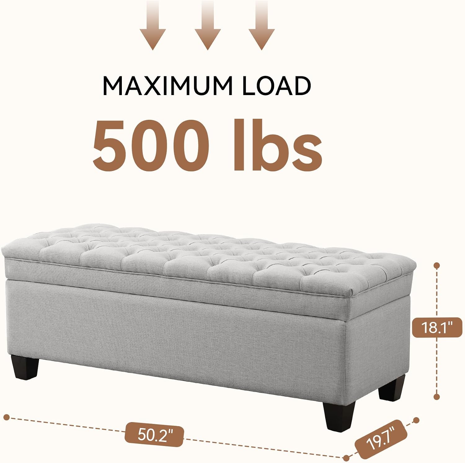 50" Storage Ottoman Bench, Rectangular End of Storage Bench, Upholstered Large Fabric Tufted Ottoman with Storage for Living Room, Bedroom, Entryway,Light Gray