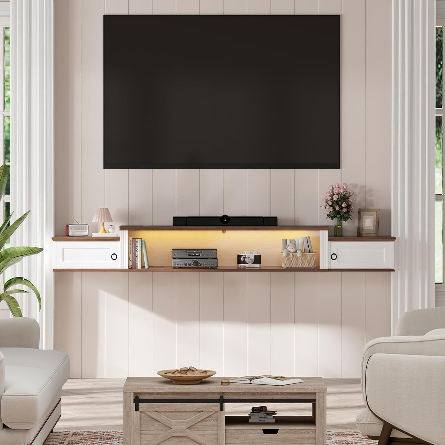Farmhouse Floating TV Stand for 80" TVs, with LED Light & Outlet | 70" Modern Wood Floating TV Shelf, Minimalist TV Stand Wall Mounted for Living Room, Walnut + Antique White
