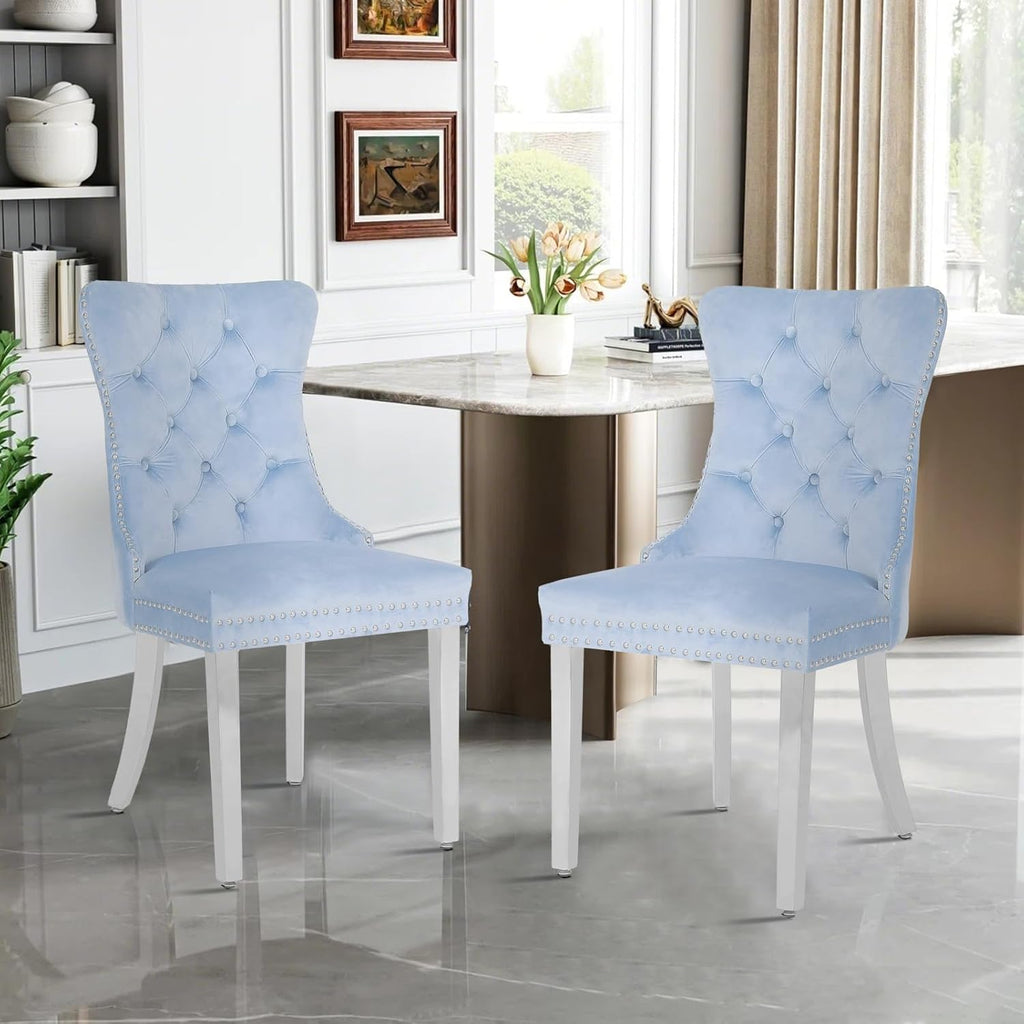 Velvet Dining Chairs Set of 4,Upholstered Dining Room Chairs with Stainless Steel Legs,Modern Luxury Kitchen Accent Chair with Button Tufted High Back,Pull Ring,Nailhead Trim,Light Blue