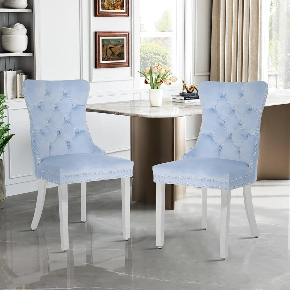 Velvet Dining Chairs Set of 4,Upholstered Dining Room Chairs with Stainless Steel Legs,Modern Luxury Kitchen Accent Chair with Button Tufted High Back,Pull Ring,Nailhead Trim,Light Blue