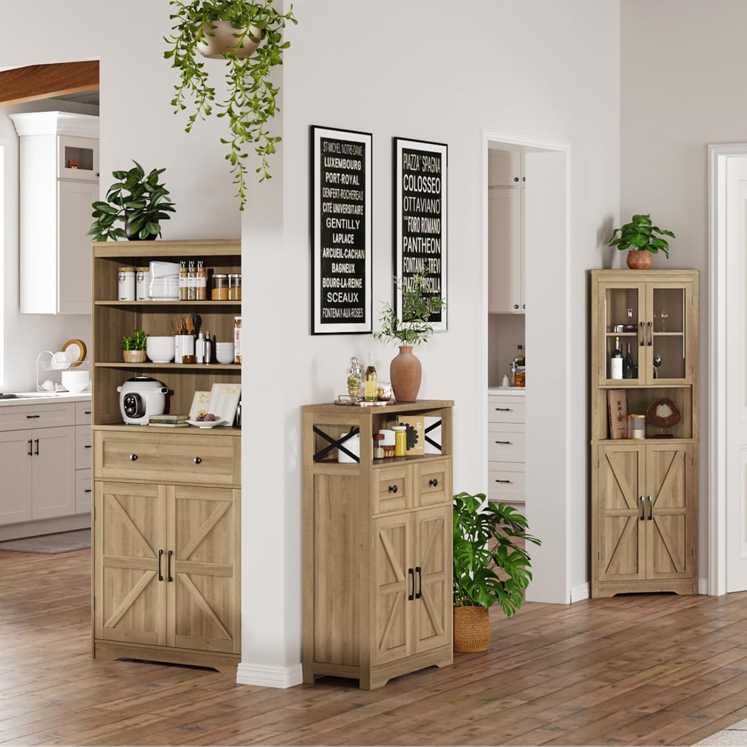 FiveWillowise Natural Storage Cabinet with Doors and Shelves, Standing Kitchen Pantry Cabinet, Floor Storage Hutch Cupboard, Coffee Bar Station for Dining, Living Room, Home Office