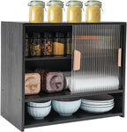 Countertop Storage Cabinet with 2 Sliding Striped Glass Doors, Freestanding Kitchen Bamboo Pantry Sideboard with Adjustable Shelf, Black Utility Cupboard for Home Bar, Coffee Bar