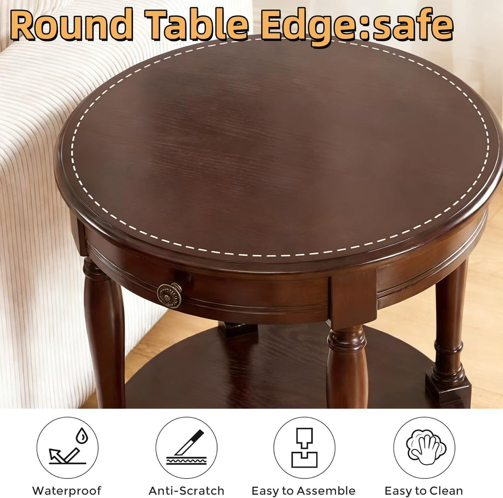 YUNMUAIR-Solid Wood End Table,Round Side Table with Drawers,Vintage Nightstand,Sofa Side Tables with Storage Shelf,Traditional Retro End Tables for Small Spaces,Living Room,Bedroom,Dark Brown