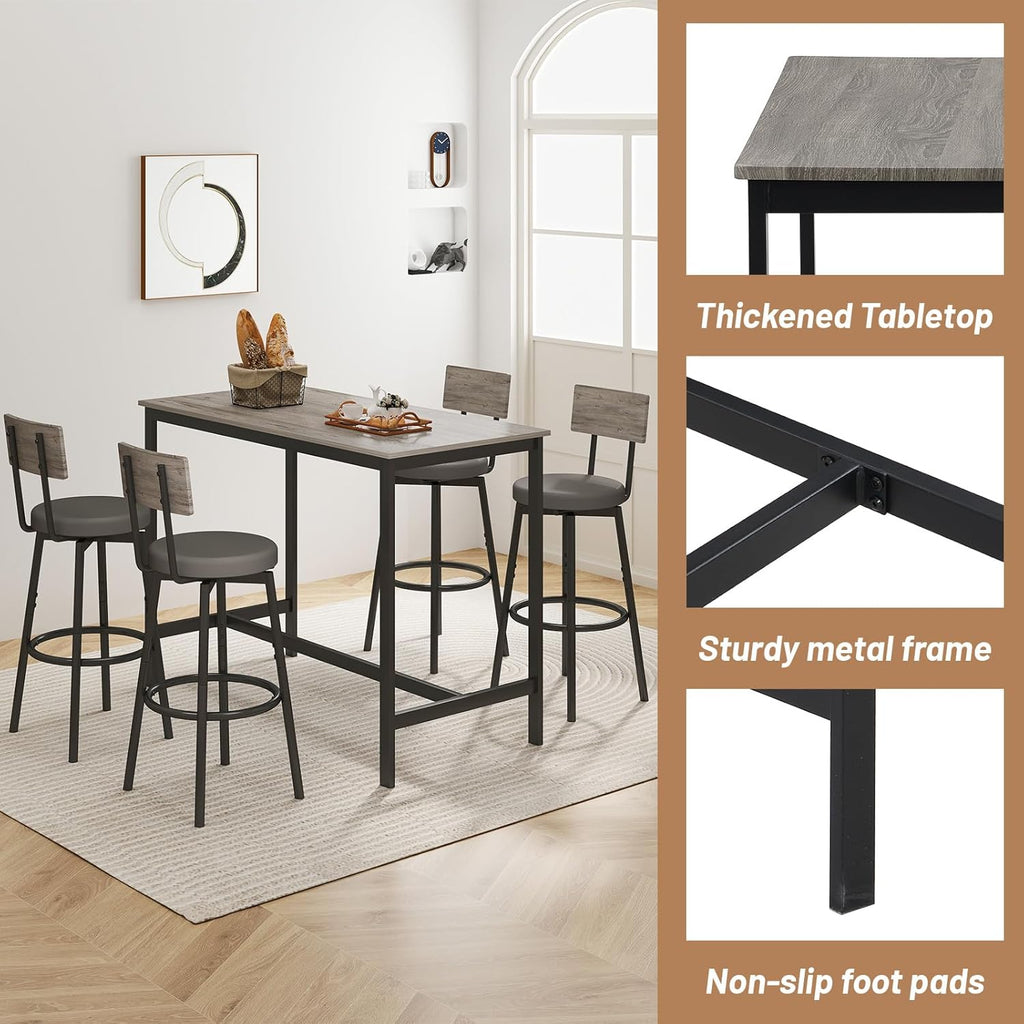 Zevemomo Dining Table Set for 4, 5-Piece Bar Table Set, Kitchen Table and Chairs, Counter Height High Top Table with 4 PU Upholstered Stools, Space-Saving Pub Table Sets for Small Space, Gray