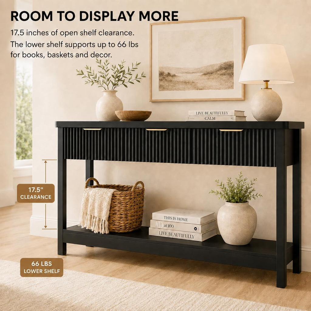 Lulive Fluted Console Table, 51 Inch Entryway Table with 3 Drawers | Scandi farmhouse look with quiet full-extension slides, open lower shelf, profile for hallway, entry, foyer or behind sofa.