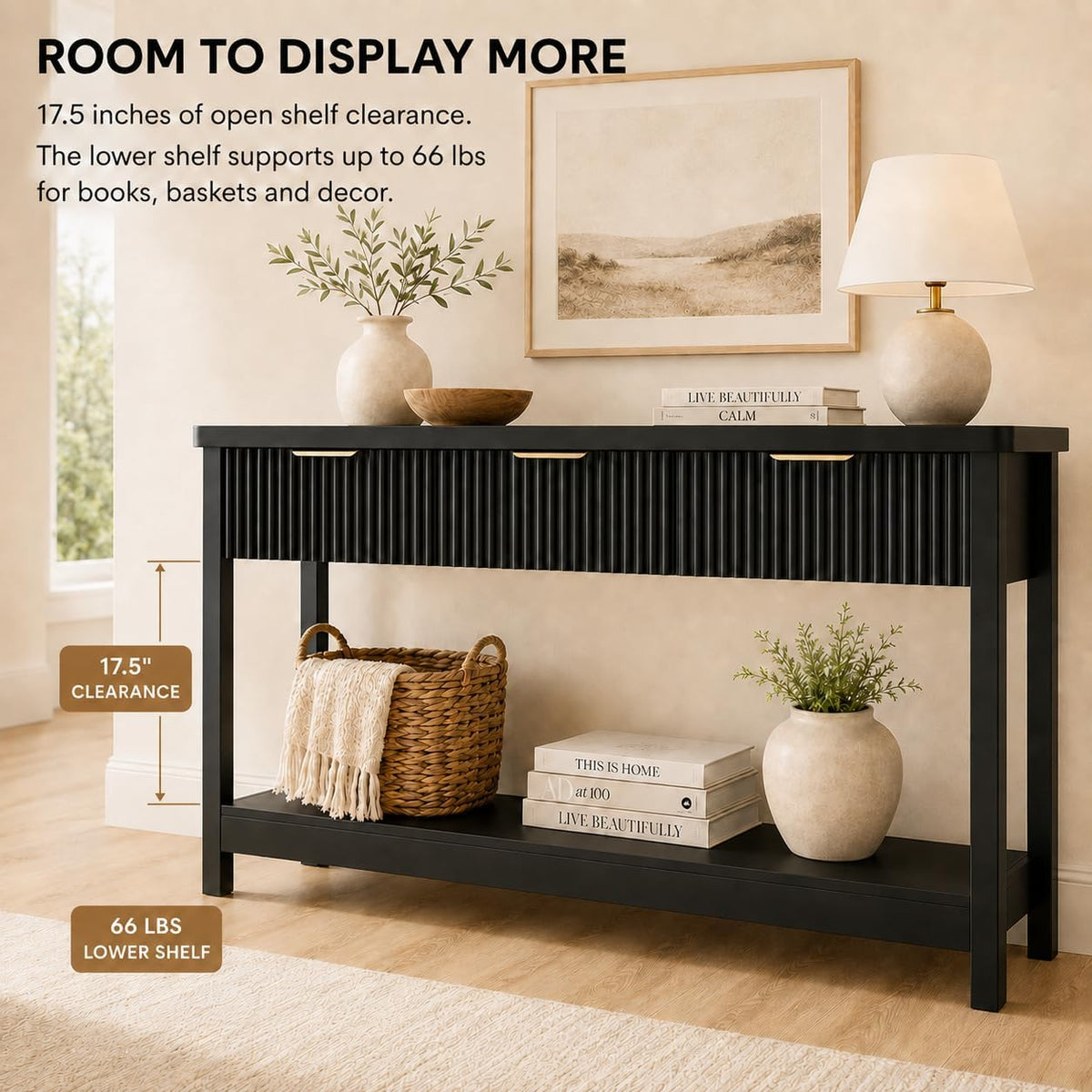 Lulive Fluted Console Table, 51 Inch Entryway Table with 3 Drawers | Scandi farmhouse look with quiet full-extension slides, open lower shelf, profile for hallway, entry, foyer or behind sofa.