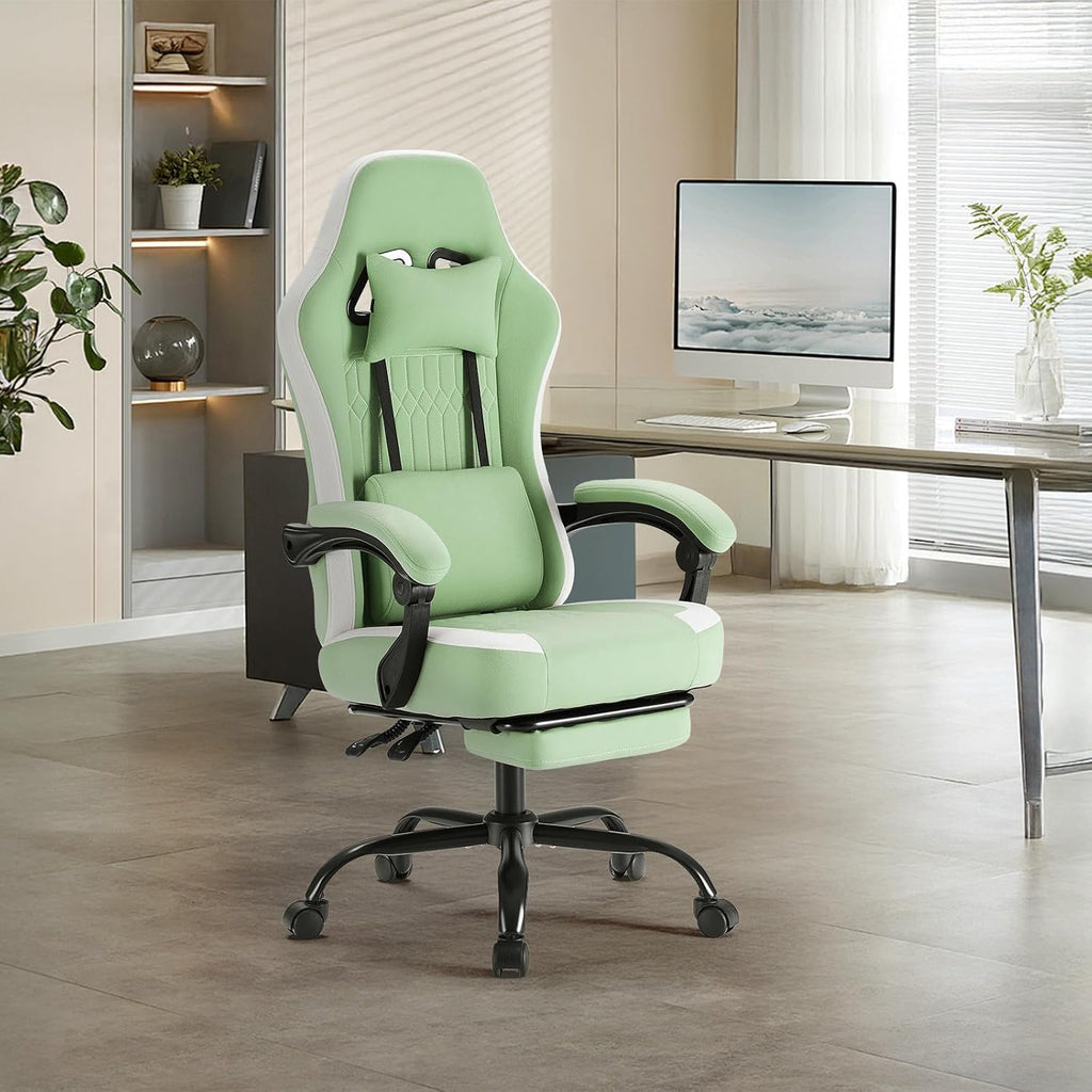Sweetcrispy Gaming Chair, Ergonomic Computer Desk Chair, Lumbar Support | High Back Ergonomic Footrest, Height Adjustable Linkage Armrests Headrest, 360 Swivel Wheels Fabric, Green