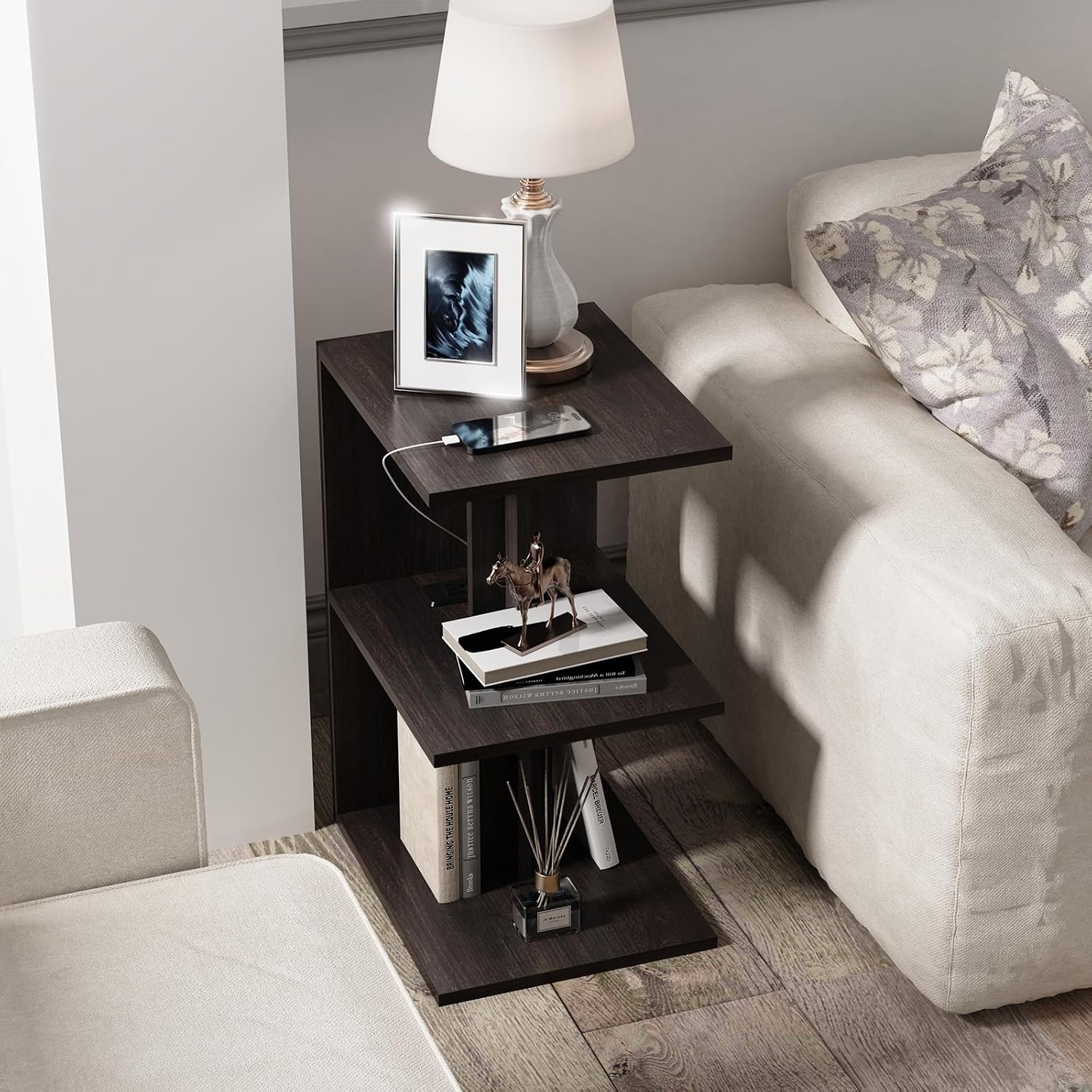 End Table, Side Table, Nightstand, USB Ports and Outlet，3-Tier Storage Shelf, Sofa Table for Small Space, Living Room, Bed Room(Brown)