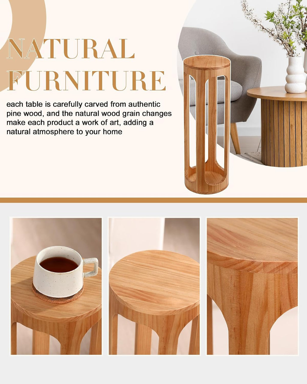 CroBlissful Small End Table 8 x 23 Small Side Table Wooden Round Coffee Drink Desk Burlywood Boho Circle Wood Accent Pedestal Desk for Living Room Plant Stand or Bedroom Nightstand