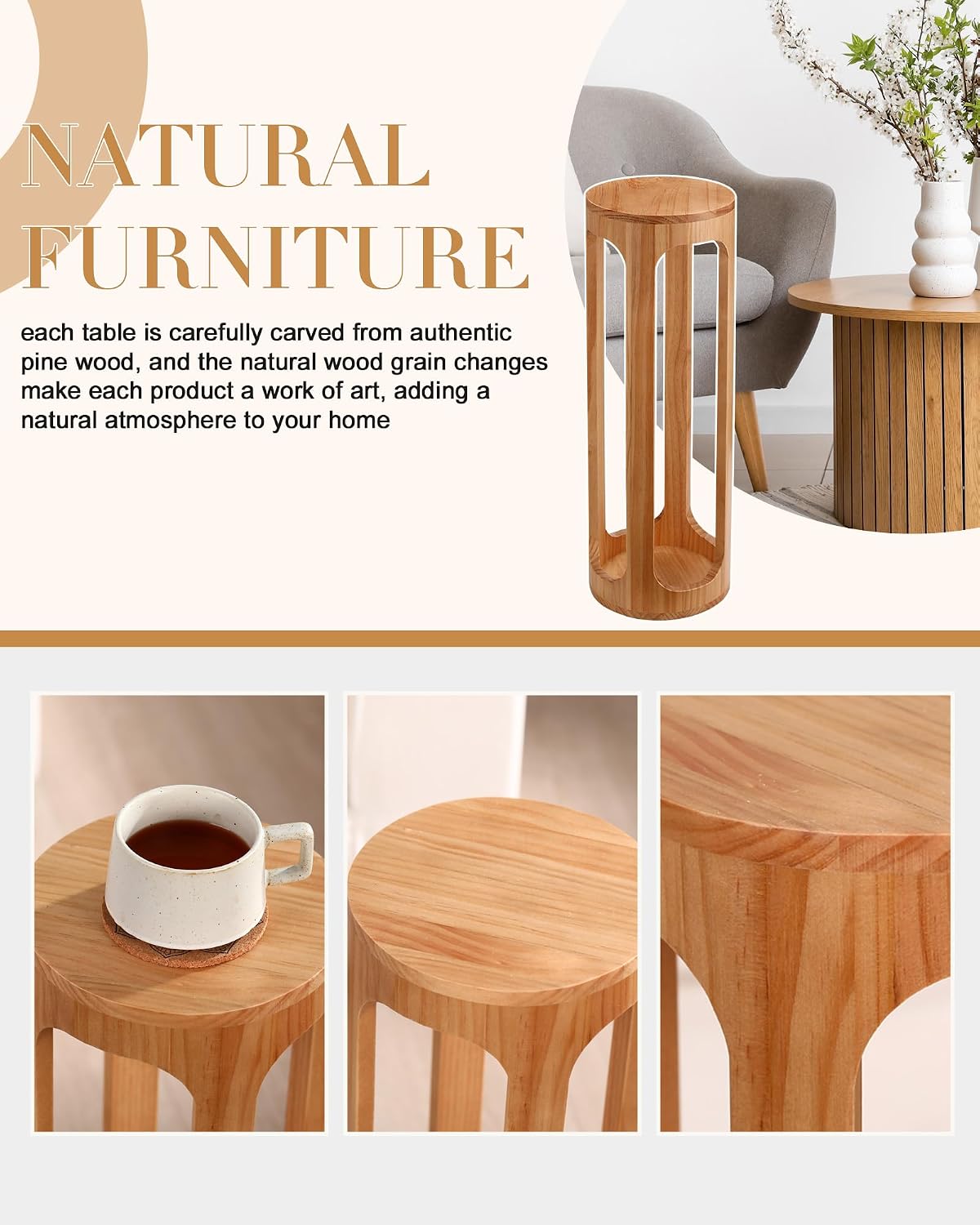 CroBlissful Small End Table 8 x 23 Small Side Table Wooden Round Coffee Drink Desk Burlywood Boho Circle Wood Accent Pedestal Desk for Living Room Plant Stand or Bedroom Nightstand