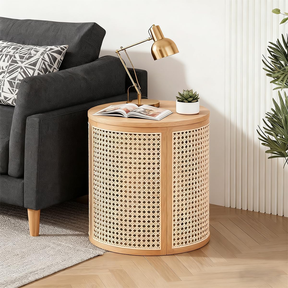 Hollow Woven Rattan Side Table, Round End Table for Living Room, Coffee Table for Small Space, Easy Assembly (Natural)