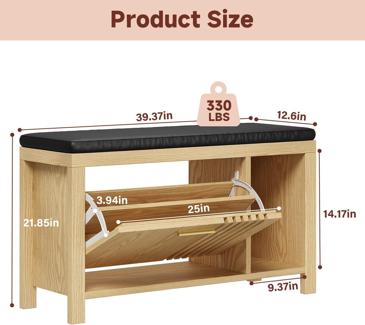 UNIQUITE Shoe Storage Bench with Flip Drawers, Padded Seat Cushion, 39.4" W x 12.6" D x 21.85" H, Entryway Cabinet with Slatted Doors for Hallway Living Room, Natural