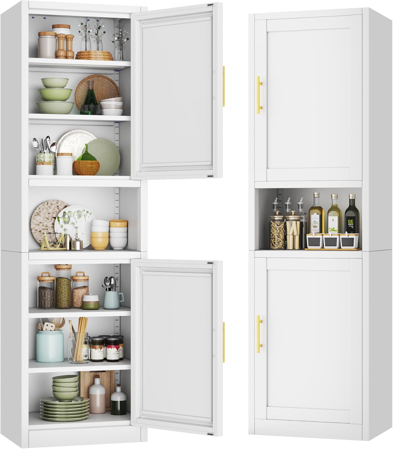 67" Tall Pantry Cabinet, Kitchen Pantry Storage Cabinet with Doors and Shelves, Slim Freestanding Storage Cabinet, Metal Utility Cabinet with Adjustable Shelves, Cord Hole, Reversible Door, White